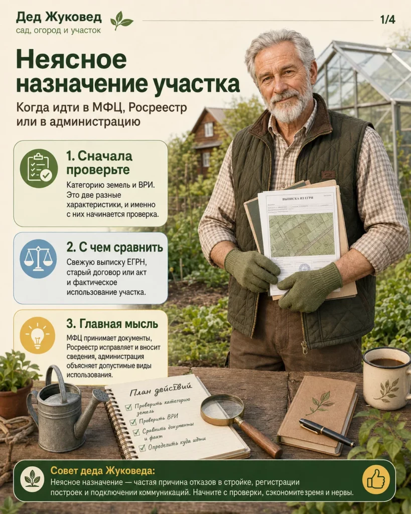 Инфографика 1/4: Участок с неясным назначением: когда нужно идти в МФЦ или Росреестр