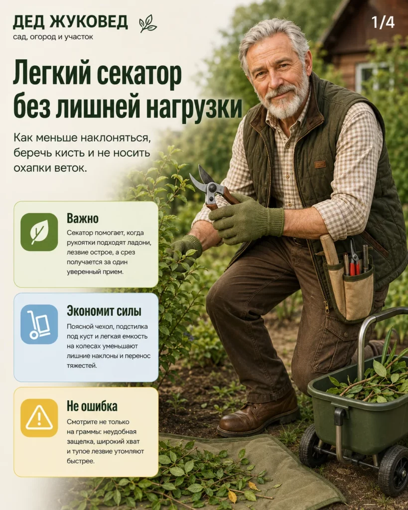 Инфографика 1/4: Легкий секатор: как меньше наклоняться и не таскать тяжести