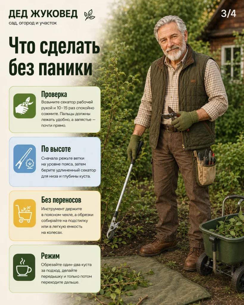 Инфографика 3/4: Легкий секатор: как меньше наклоняться и не таскать тяжести