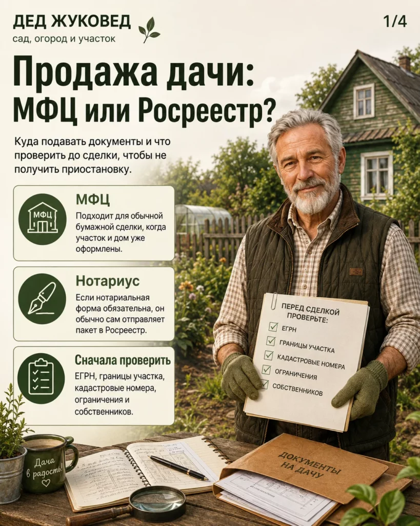Инфографика 1/4: Дача, которую хотят продать: когда нужно идти в МФЦ или Росреестр