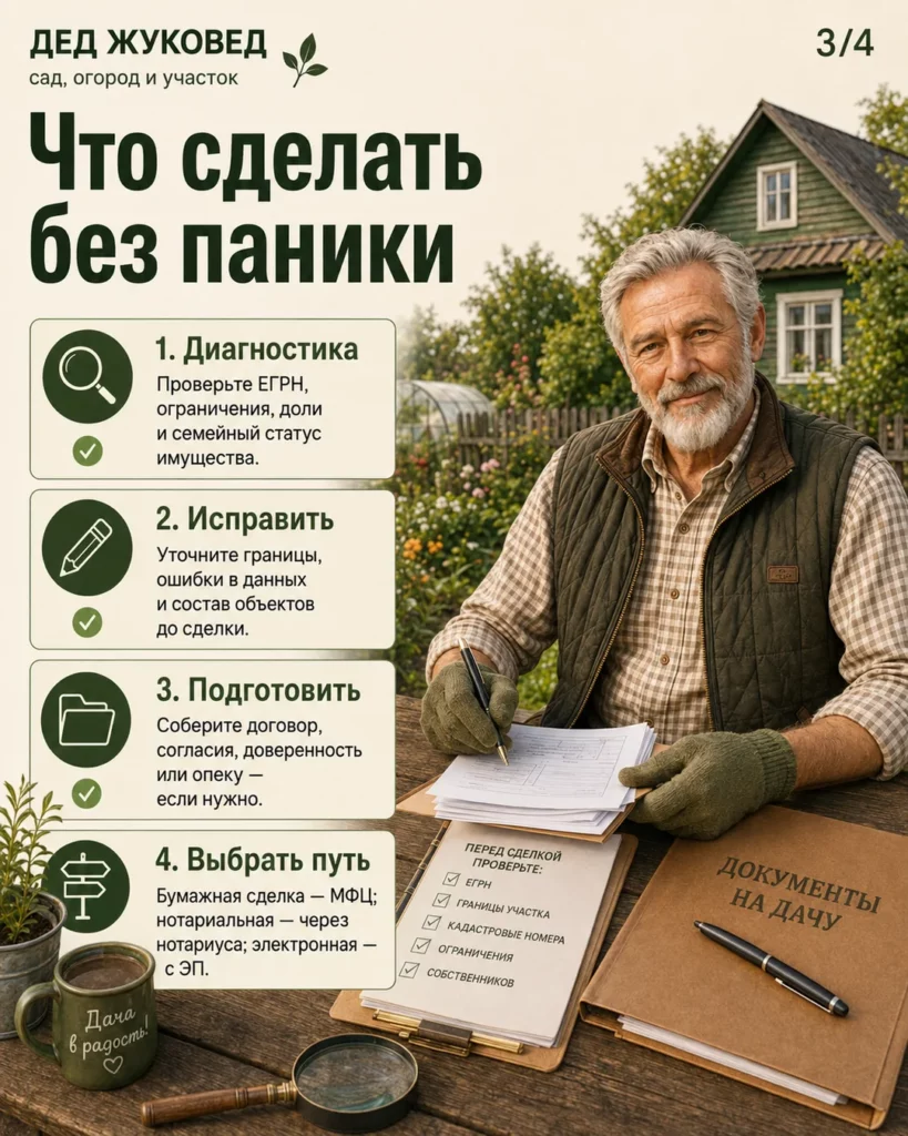 Инфографика 3/4: Дача, которую хотят продать: когда нужно идти в МФЦ или Росреестр