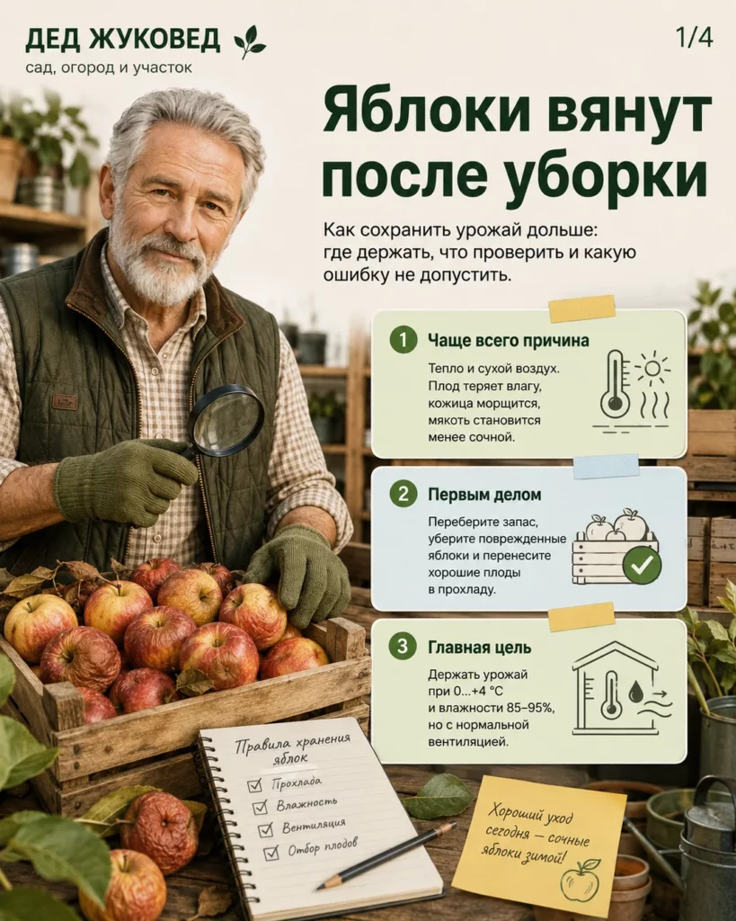Инфографика 1/4: Яблоки вянет после уборки: как сохранить урожай дольше