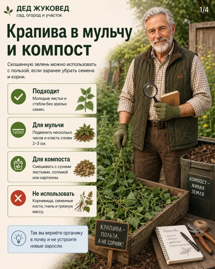 Инфографика 1/4: Крапива после покоса: можно ли класть в мульчу и компост