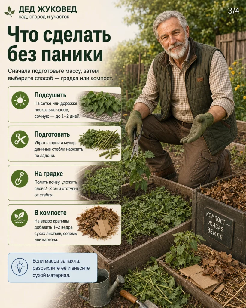 Инфографика 3/4: Крапива после покоса: можно ли класть в мульчу и компост