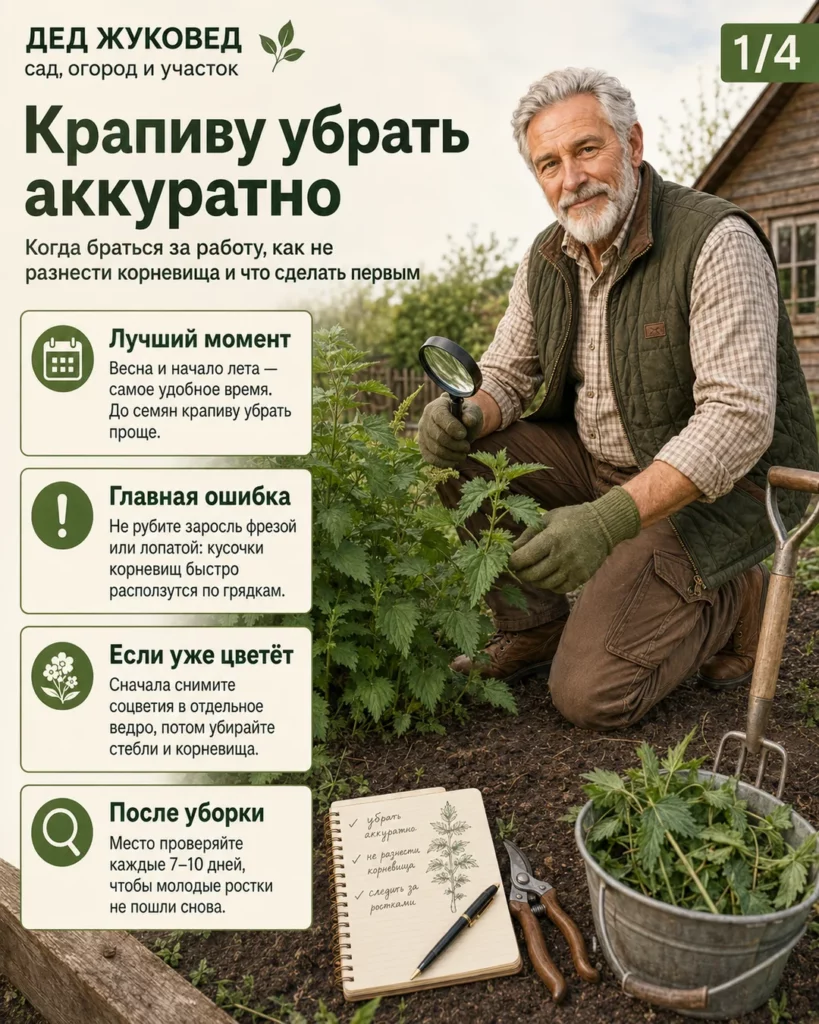 Инфографика 1/4: Крапива: как убрать аккуратно и не разнести по всему участку