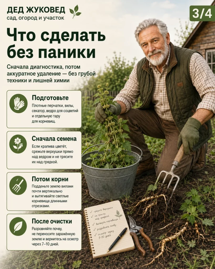 Инфографика 3/4: Крапива: как убрать аккуратно и не разнести по всему участку