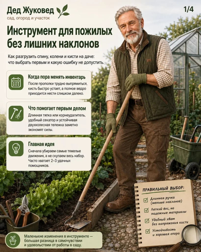 Инфографика 1/4: Инструмент для пожилых: как меньше наклоняться и не таскать тяжести
