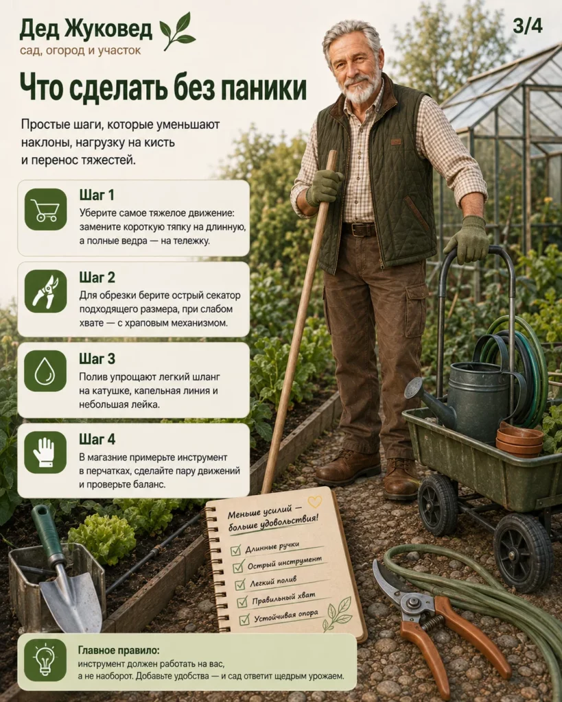 Инфографика 3/4: Инструмент для пожилых: как меньше наклоняться и не таскать тяжести