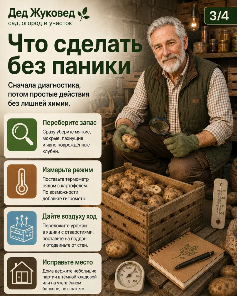 Инфографика 3/4: Картофель хранить до весны: какие условия нужны дома и в погребе