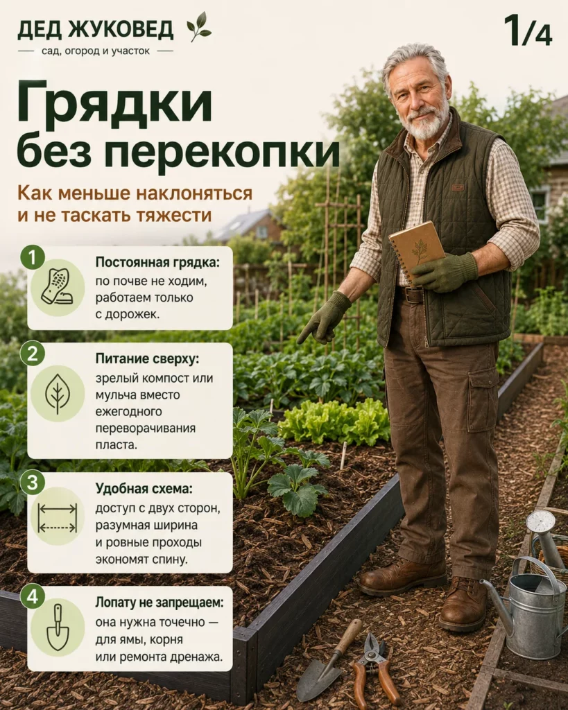 Инфографика 1/4: Грядки без перекопки: как меньше наклоняться и не таскать тяжести