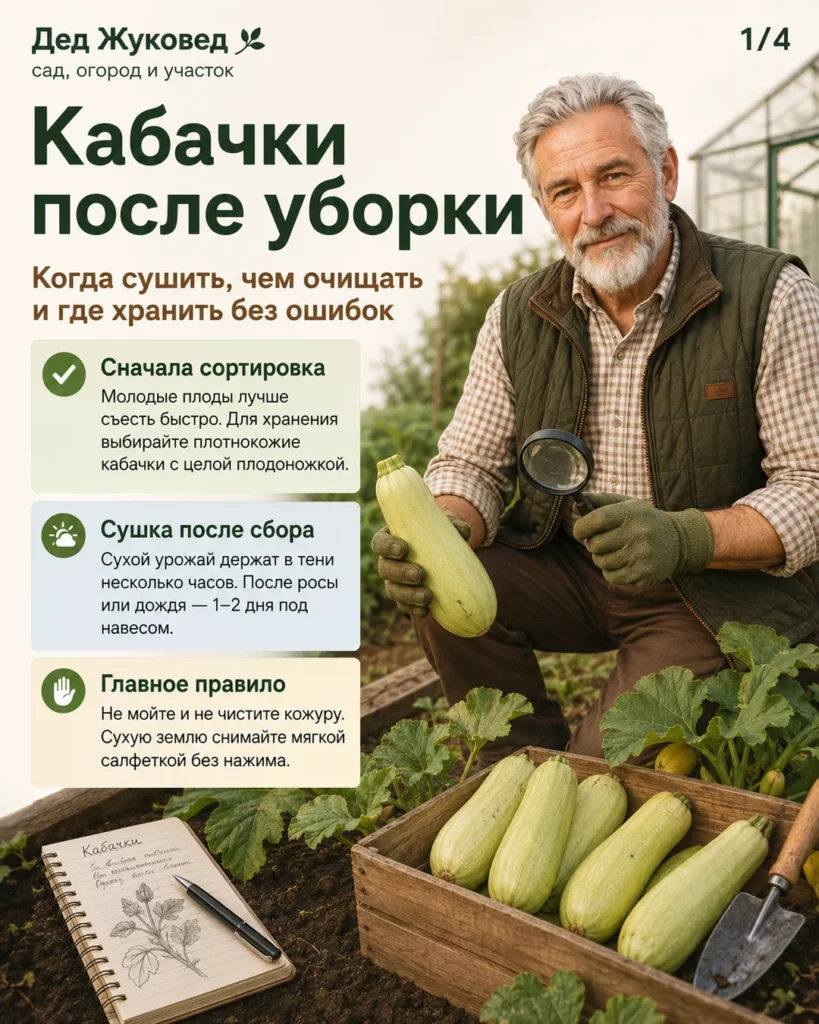 Инфографика 1/4: Кабачки после уборки: когда сушить, чистить и убирать на хранение