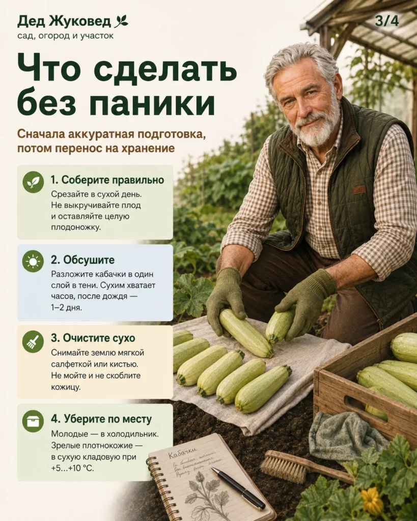 Инфографика 3/4: Кабачки после уборки: когда сушить, чистить и убирать на хранение