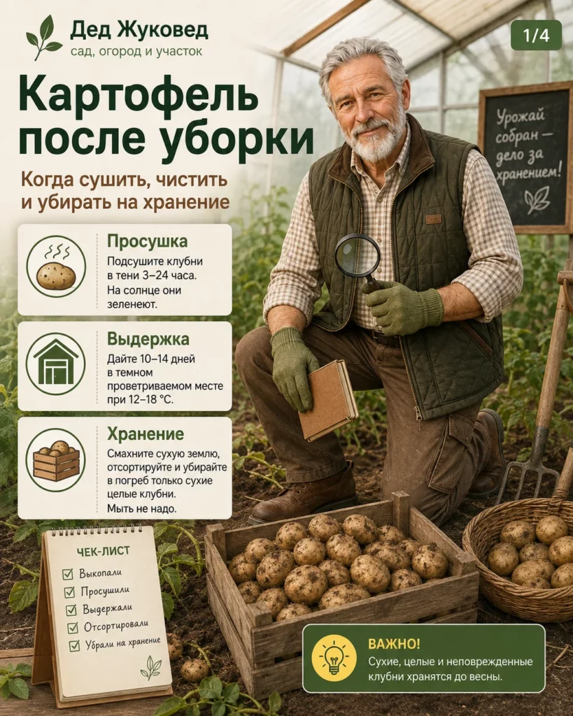 Инфографика 1/4: Картофель после уборки: когда сушить, чистить и убирать на хранение