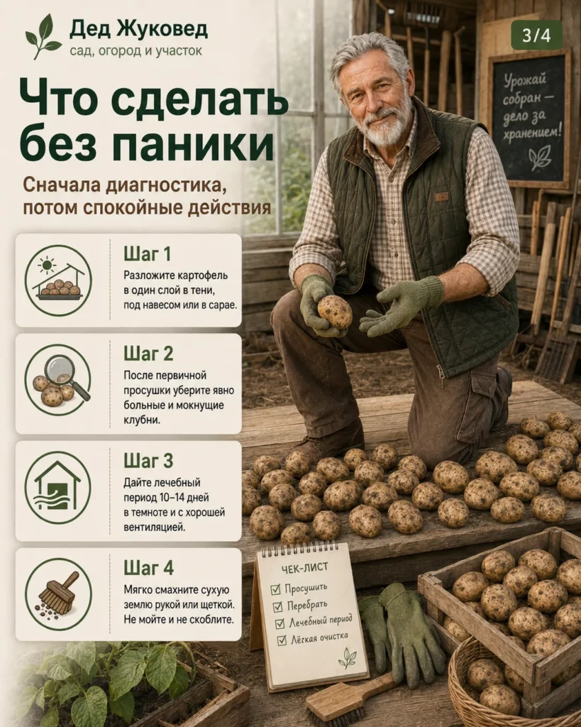 Инфографика 3/4: Картофель после уборки: когда сушить, чистить и убирать на хранение
