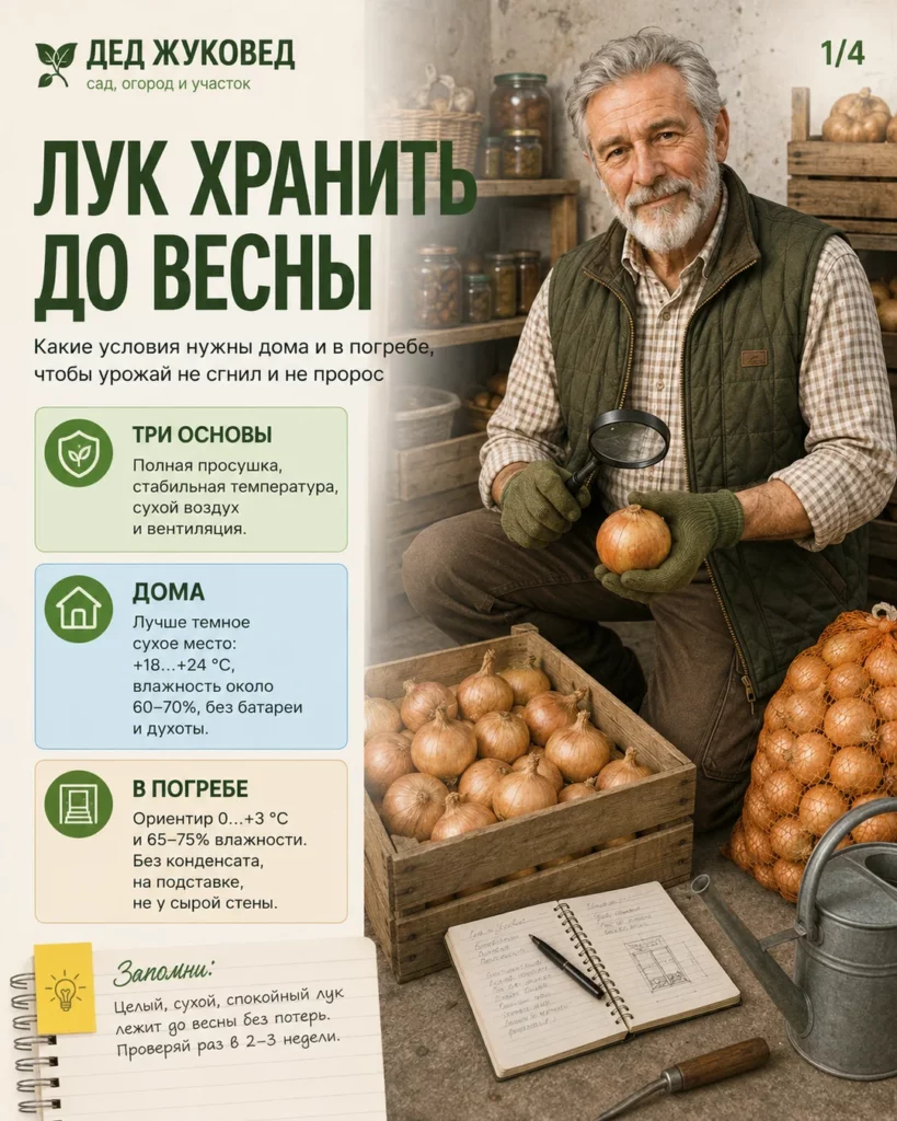 Инфографика 1/4: Лук хранить до весны: какие условия нужны дома и в погребе