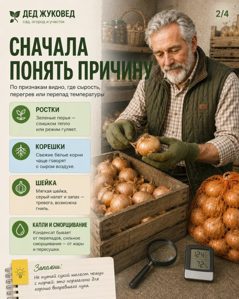Инфографика 2/4: Лук хранить до весны: какие условия нужны дома и в погребе