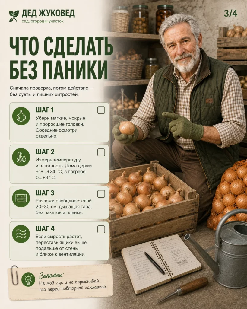 Инфографика 3/4: Лук хранить до весны: какие условия нужны дома и в погребе