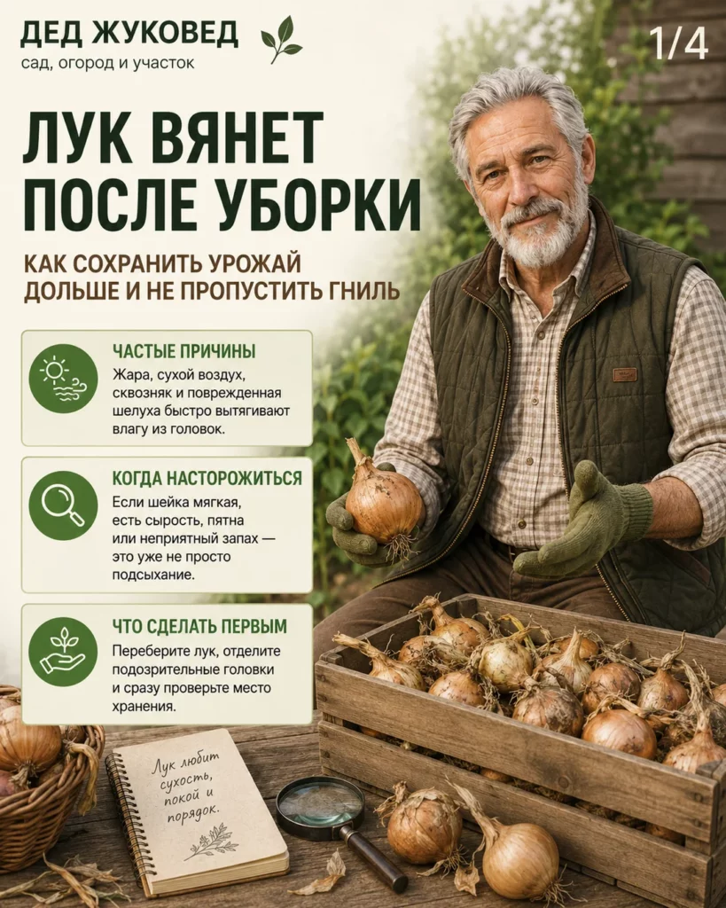 Инфографика 1/4: Лук вянет после уборки: как сохранить урожай дольше