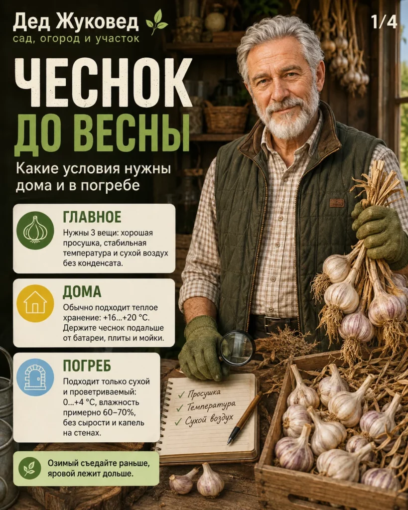 Инфографика 1/4: Чеснок хранить до весны: какие условия нужны дома и в погребе