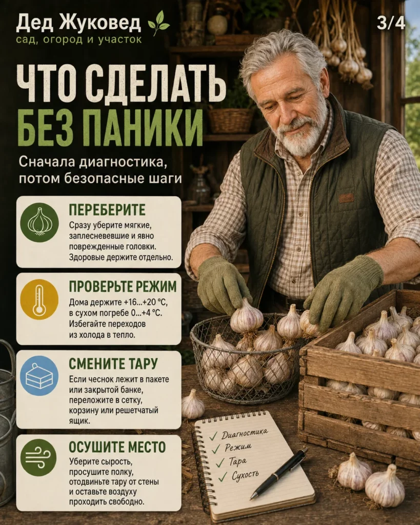 Инфографика 3/4: Чеснок хранить до весны: какие условия нужны дома и в погребе
