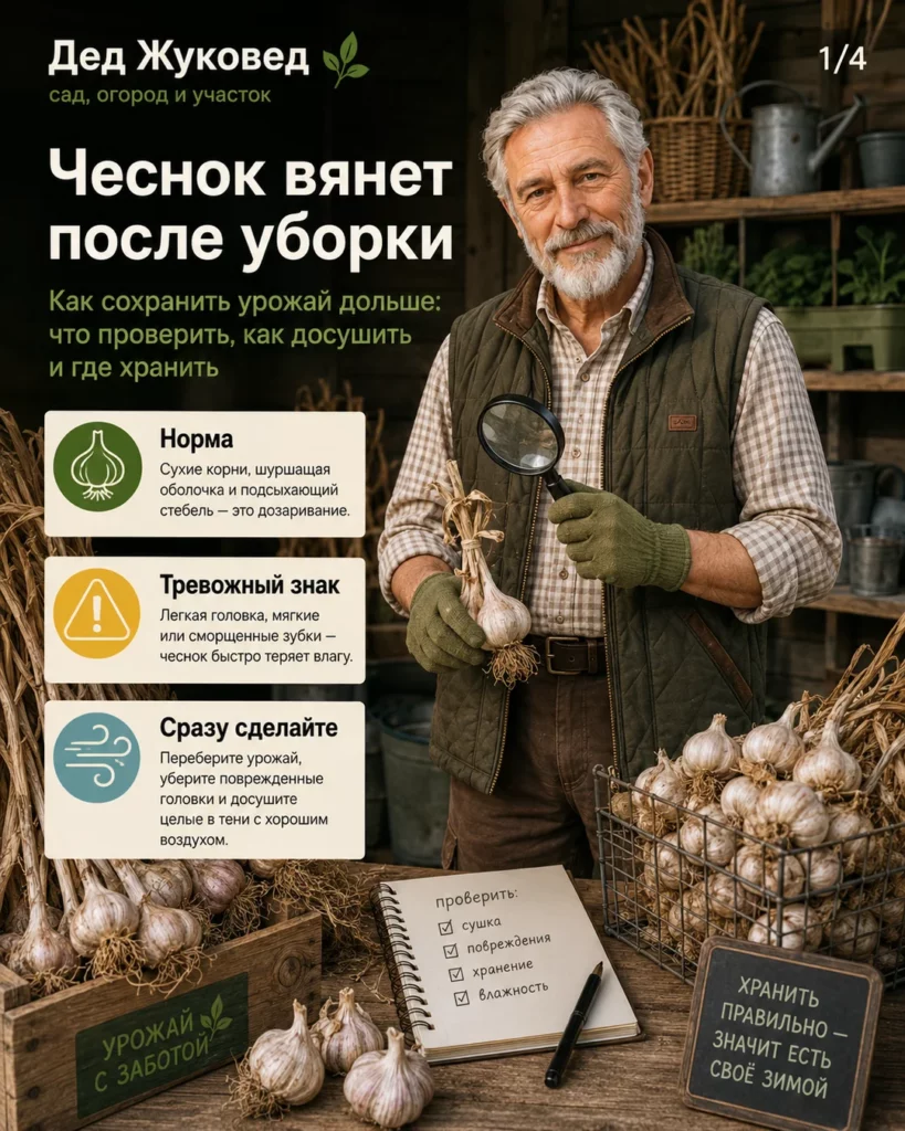 Инфографика 1/4: Чеснок вянет после уборки: как сохранить урожай дольше