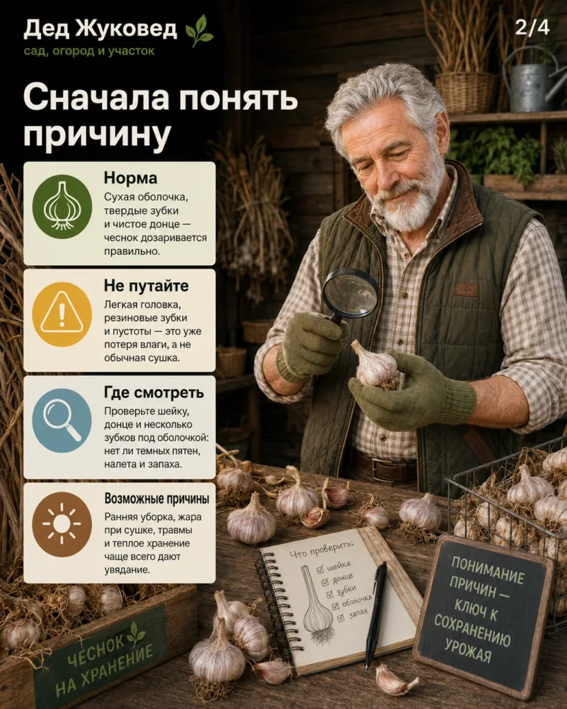 Инфографика 2/4: Чеснок вянет после уборки: как сохранить урожай дольше