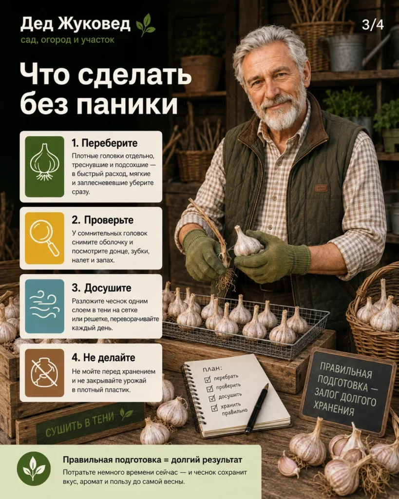 Инфографика 3/4: Чеснок вянет после уборки: как сохранить урожай дольше