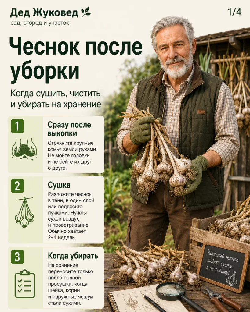 Инфографика 1/4: Чеснок после уборки: когда сушить, чистить и убирать на хранение