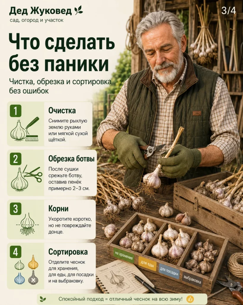 Инфографика 3/4: Чеснок после уборки: когда сушить, чистить и убирать на хранение