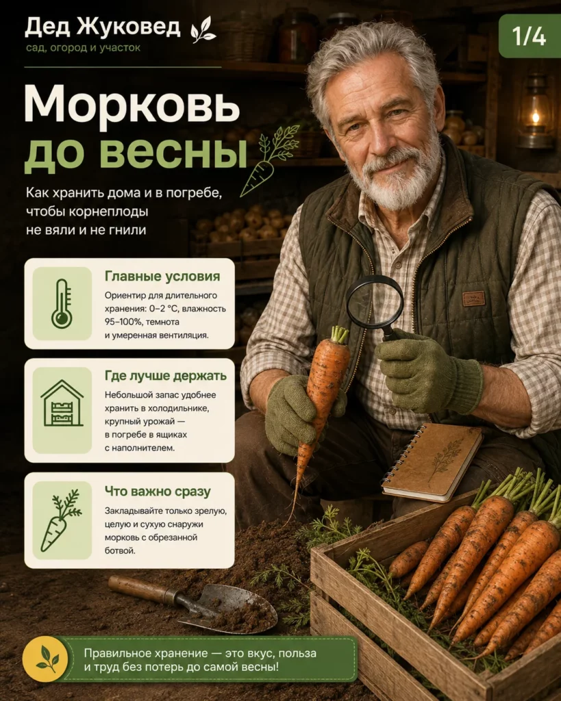 Инфографика 1/4: Морковь хранить до весны: какие условия нужны дома и в погребе
