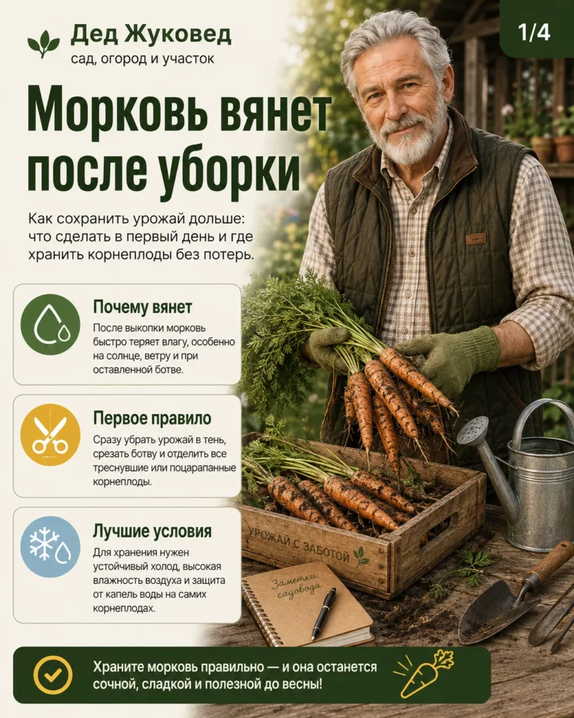 Инфографика 1/4: Морковь вянет после уборки: как сохранить урожай дольше