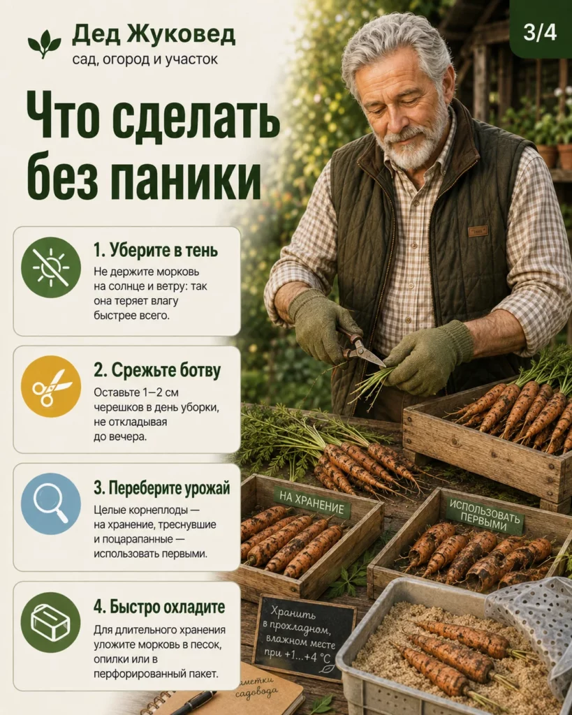 Инфографика 3/4: Морковь вянет после уборки: как сохранить урожай дольше