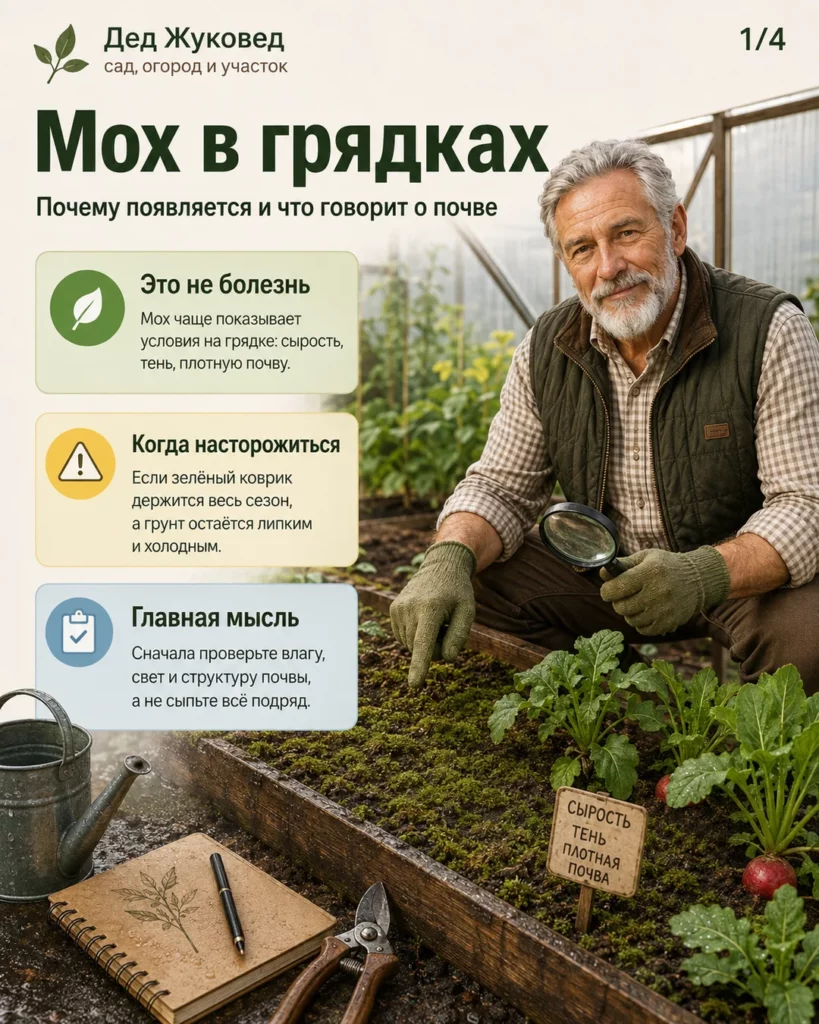 Инфографика 1/4: Мох в грядках: почему появляется и что говорит о почве