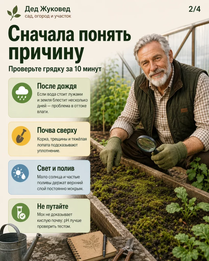 Инфографика 2/4: Мох в грядках: почему появляется и что говорит о почве