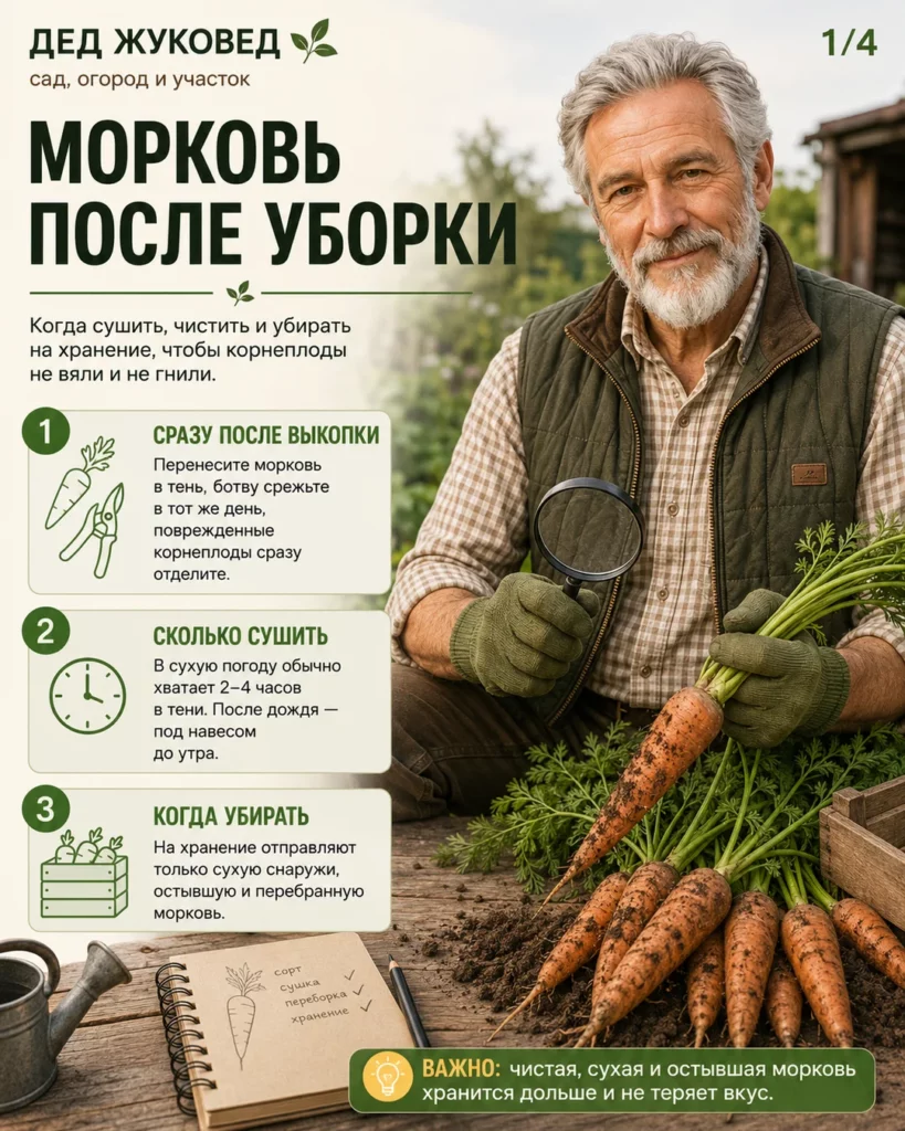 Инфографика 1/4: Морковь после уборки: когда сушить, чистить и убирать на хранение