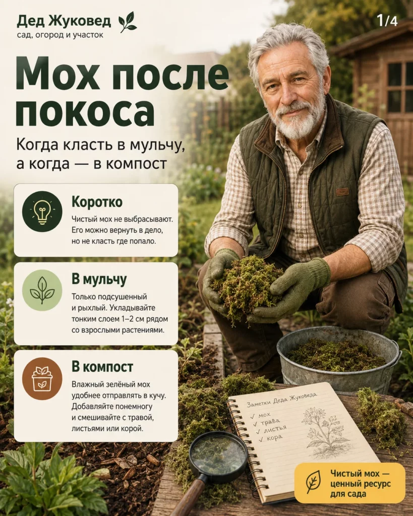 Инфографика 1/4: Мох после покоса: можно ли класть в мульчу и компост