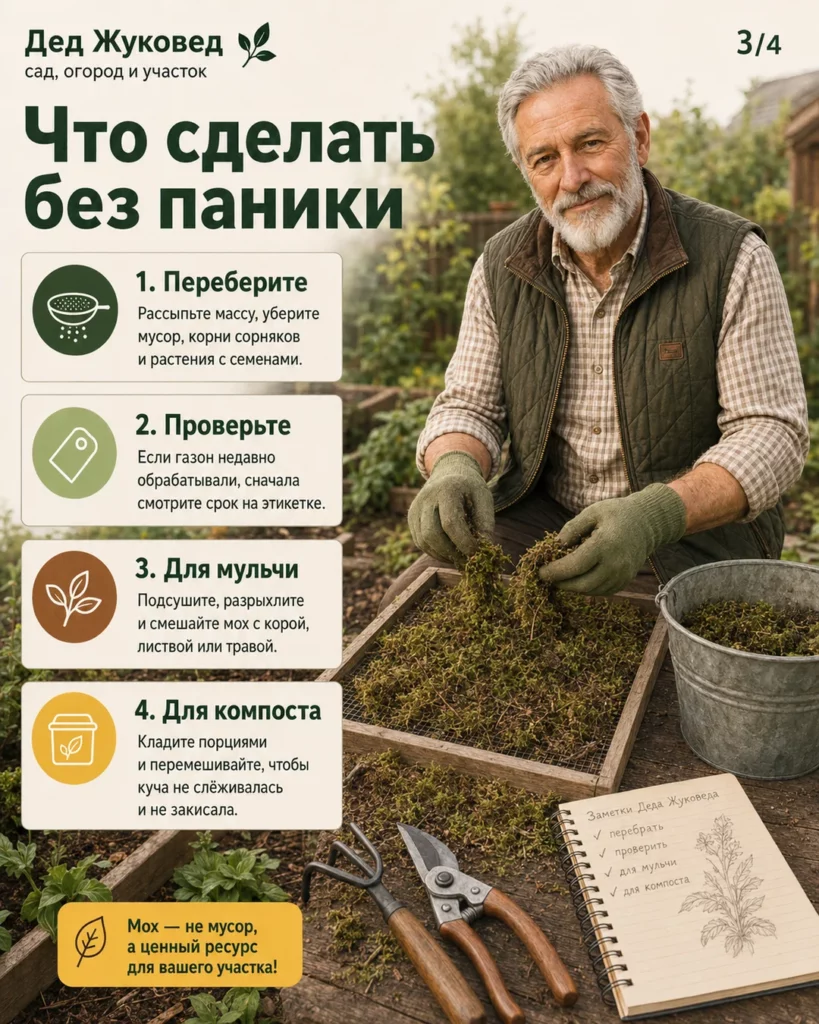 Инфографика 3/4: Мох после покоса: можно ли класть в мульчу и компост