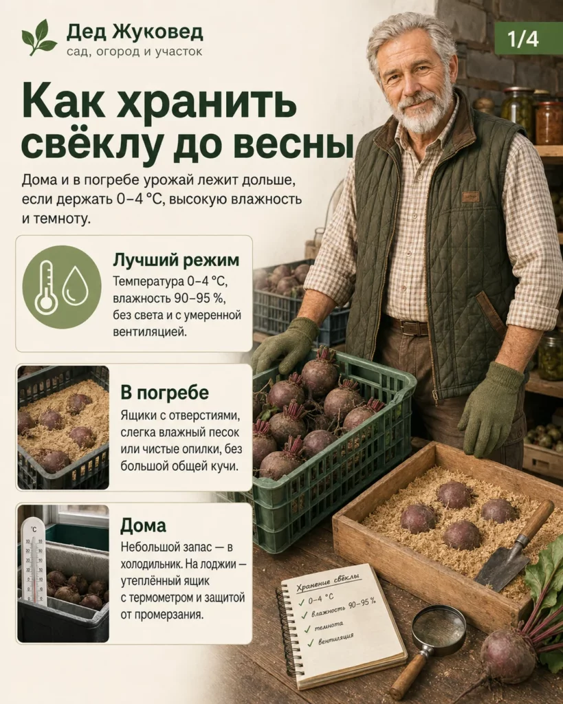 Инфографика 1/4: Как хранить свёклу до весны дома и в погребе: температура, влажность и способы укладки