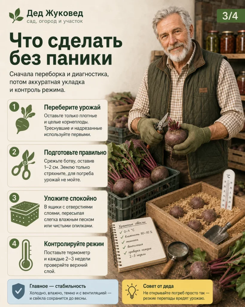 Инфографика 3/4: Как хранить свёклу до весны дома и в погребе: температура, влажность и способы укладки