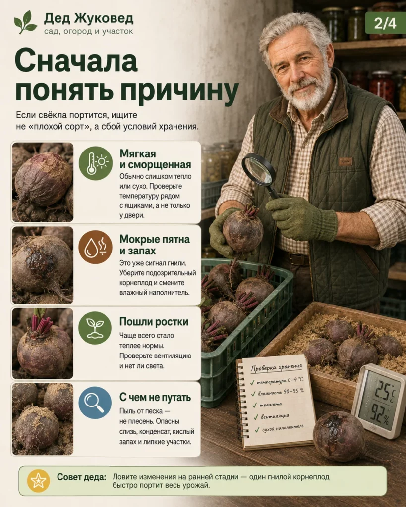 Инфографика 4/4: Как хранить свёклу до весны дома и в погребе: температура, влажность и способы укладки