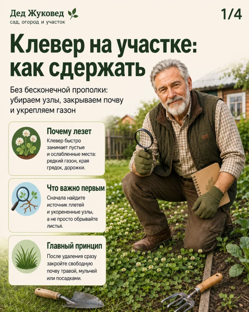 Инфографика 1/4: Клевер на участке: как сдержать без бесконечной прополки