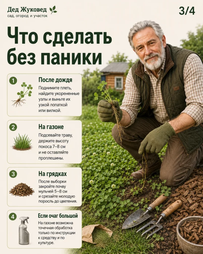 Инфографика 3/4: Клевер на участке: как сдержать без бесконечной прополки