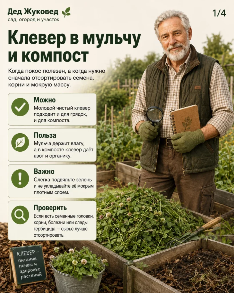 Инфографика 1/4: Клевер после покоса: можно ли класть в мульчу и компост