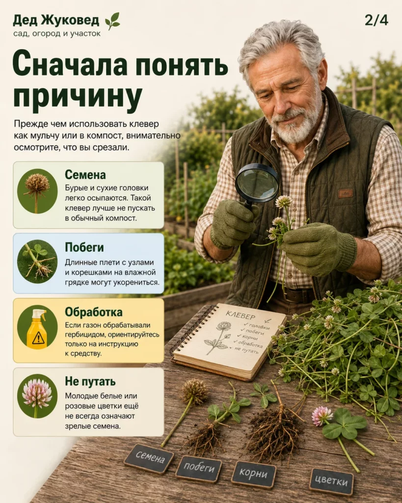 Инфографика 2/4: Клевер после покоса: можно ли класть в мульчу и компост