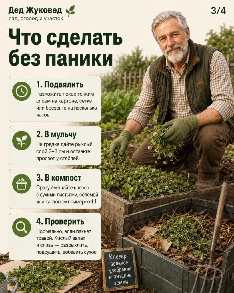 Инфографика 3/4: Клевер после покоса: можно ли класть в мульчу и компост