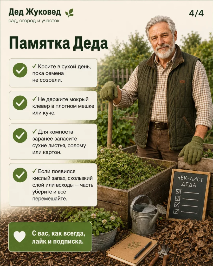 Инфографика 4/4: Клевер после покоса: можно ли класть в мульчу и компост