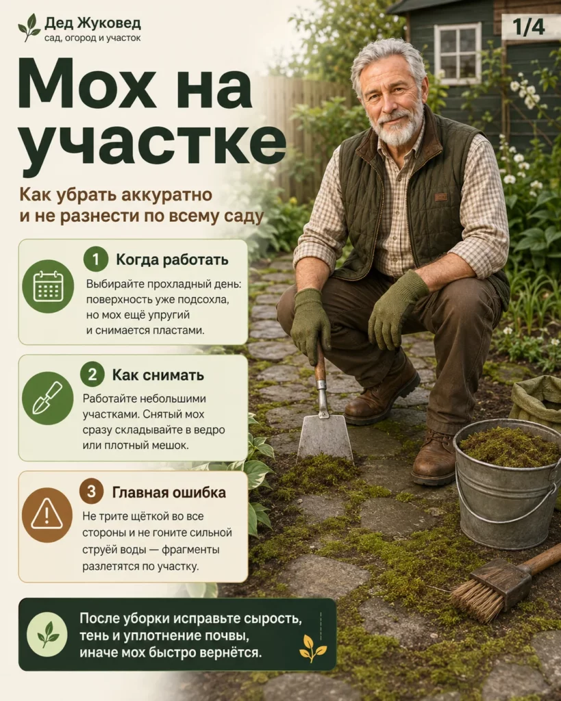 Инфографика 1/4: Мох: как убрать аккуратно и не разнести по всему участку