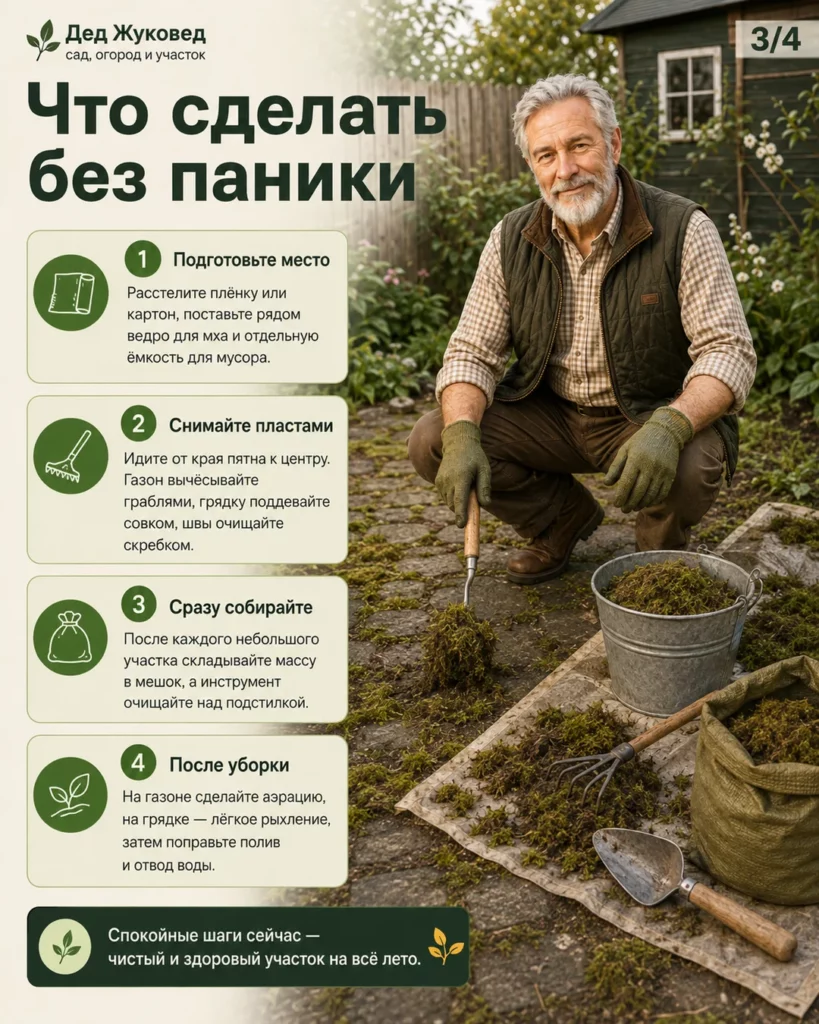 Инфографика 3/4: Мох: как убрать аккуратно и не разнести по всему участку
