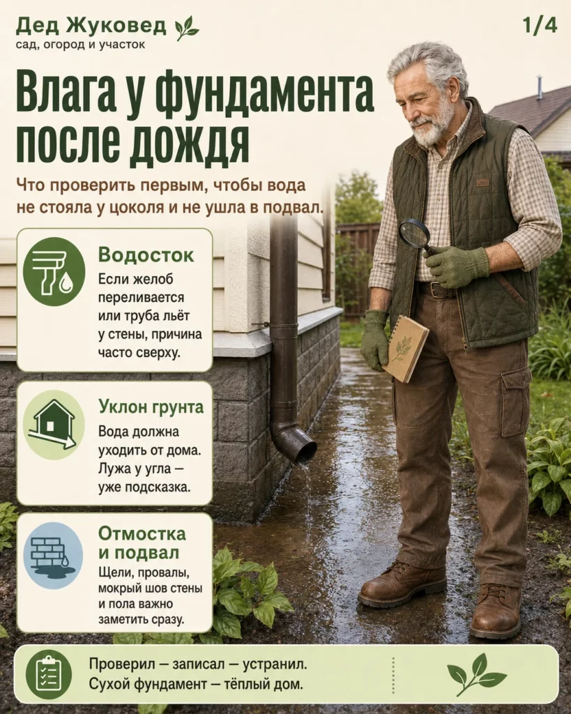 Инфографика 1/4: Влага у фундамента: что проверить первым после сильного дождя