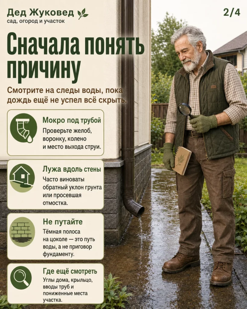 Инфографика 2/4: Влага у фундамента: что проверить первым после сильного дождя